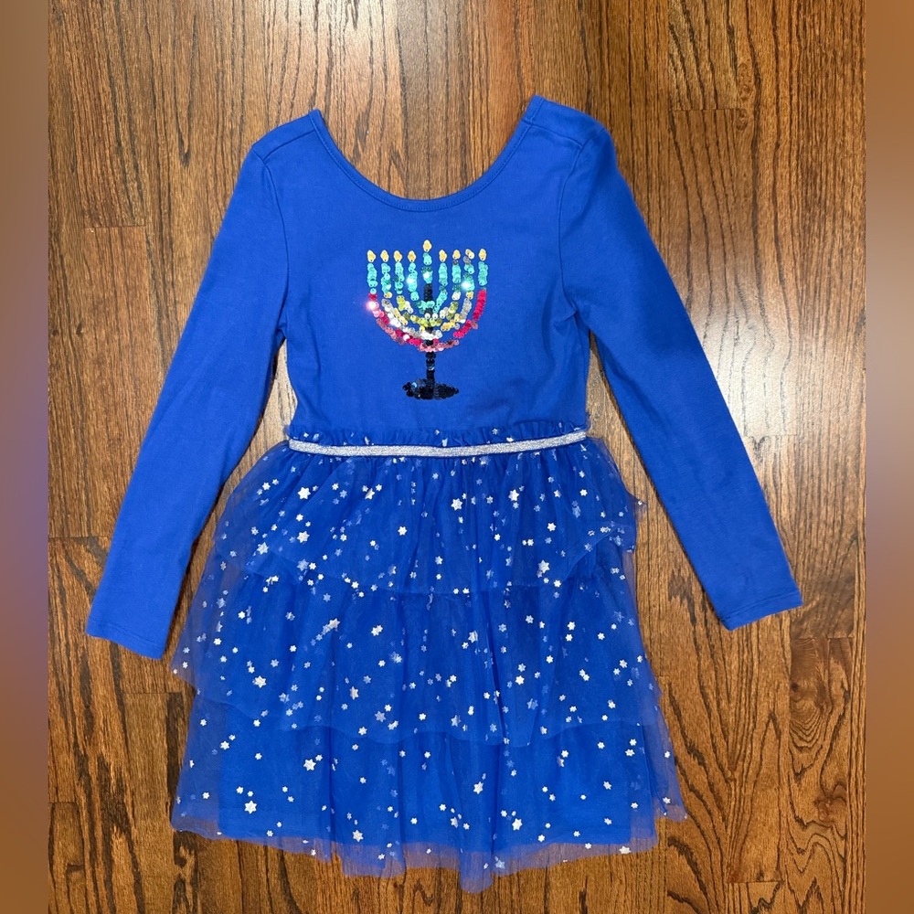 Hanukkah dress size 6/7 menorah, blue tulle skirt long sleeves Cat & Jack blue